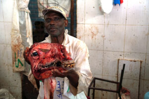 Kenia Mombasa Fleischmarkt Mann Verkäufer Kamel Kamelkopf